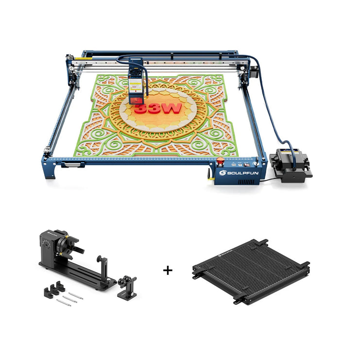 SCULPFUN Gravador a laser S30 Ultra 33W + RA Pro Chuck + Painel alveolar H3 60*60cm